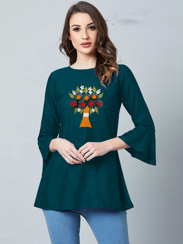 Green Coloured Rayon Round Neck Bell Sleeve Designer Top!!