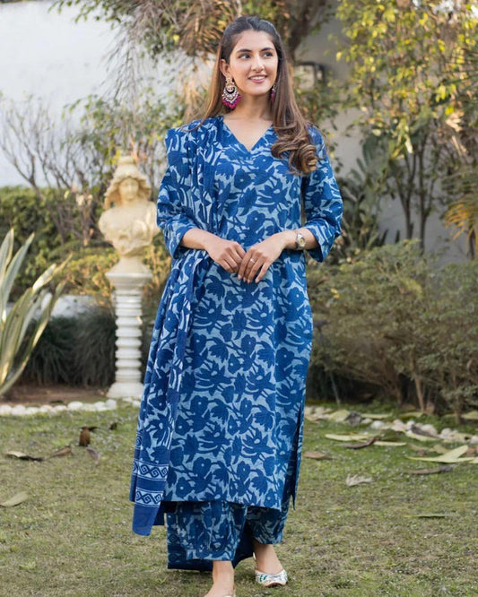 Blue & Multi Coloured Pure Mul Mul Cotton Printed Women Fully Stitched Designer Party wear Kurti with Afghani pant & Dupatta!!