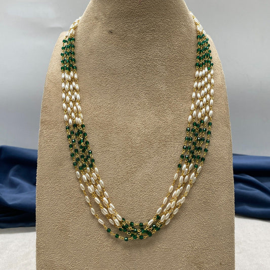 Beautiful Green & White Coloured Premium Quality Pure Brass Gold Plating & Pearls Mala with Earrings for Women!!