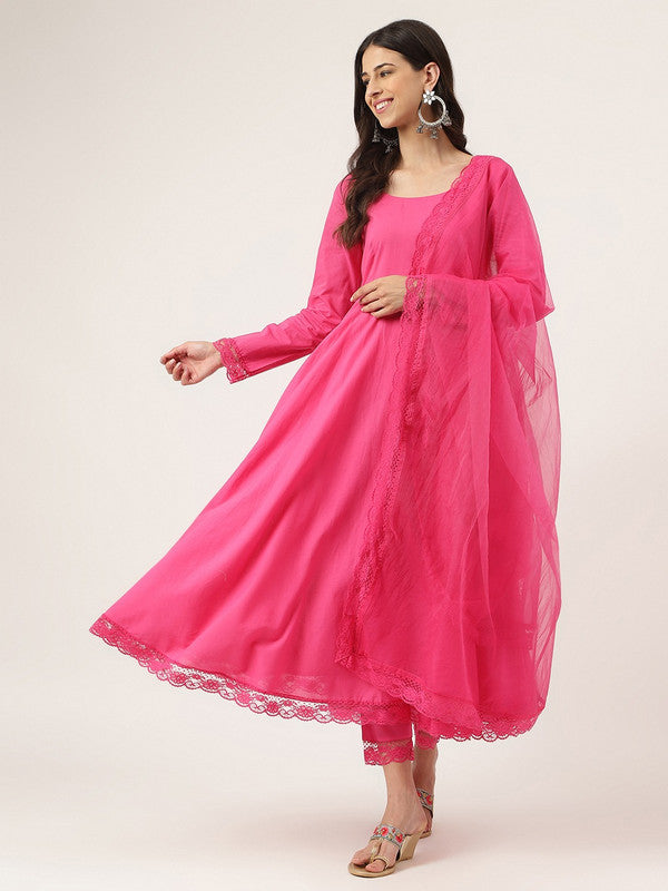Pink Coloured Pure Cotton Solid Round Neck Full Sleeves Women Designer Party wear Anarkali Kurti with Trousers & dupatta!!