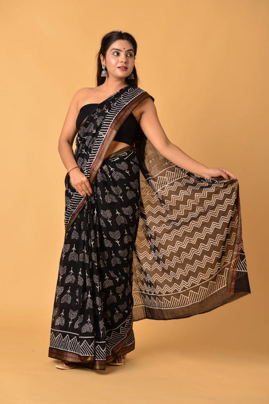 Black & Multi Coloured Pure Cotton with Beautiful Hand Block Printed Women Party/Daily wear Designer Cotton Saree with Blouse!!
