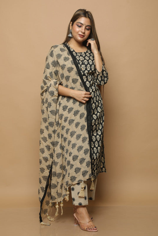 Beige & Black Coloured Pure Cotton with Print & Taussal Work Women Designer Party wear Kurti with Salwar & Dupatta!!