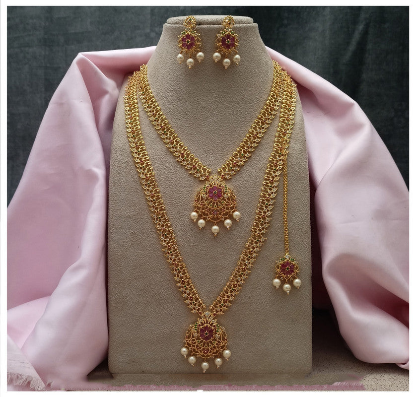 Exclusive Maroon & Gold Coloured Premium Quality Pure Brass Gold Plating Long South CZ Jewellery set with Earrings and Matha patti!!