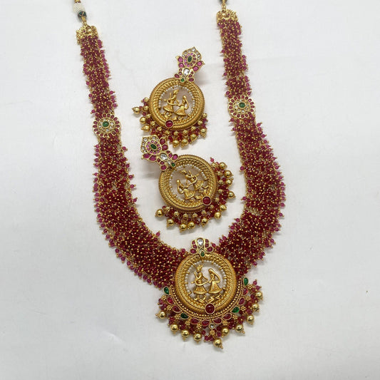 Gold & Maroon Coloured Pure Brass Real Kundan Gold Plating with Pearls Women Temple Design Wedding Baarath Long set with earrings!!