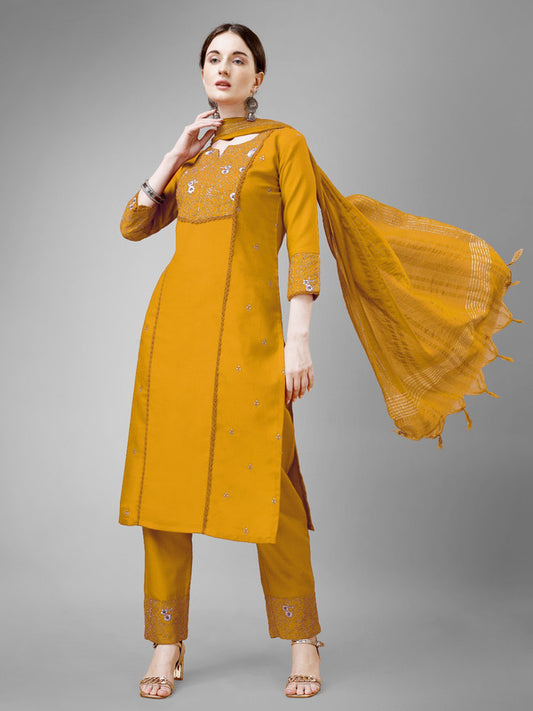 Mustard Yellow Coloured With Embroidery & Fancy Lace Work Women Designer Party/Casual wear Cotton Kurti with Pant & Dupatta!!