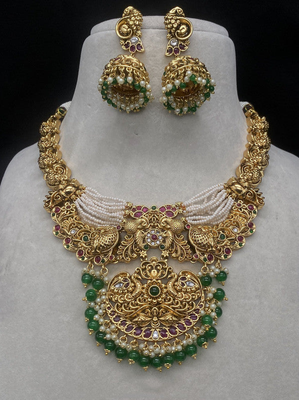 Green & White Coloured Beautiful Premium Brass & Real Campo with Pearls Women Peacock Design Gold Plating Necklace Set with Jhumka Earrings!!