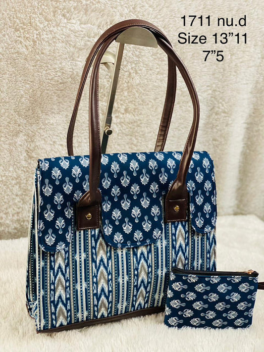 Blue & Multi Coloured Pure Cotton Printed Women Multiple Partition Hammer Tote Bang- 2 PCS Combo( Tote Bag & Phone Pouch)!!