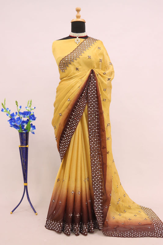 Yellow & Brown Coloured Shimmer Padding & Embroidery with original mirror work Women Designer Party wear Fancy Saree with Blouse!!