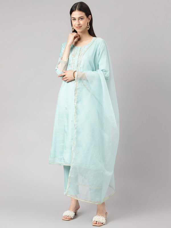 Sea Green Coloured Premium Silk Floral embroidered Gotta patti Straight Shape Round neck 3/4Sleeves Women Designer Party/Daily wear Kurti with Bottom & Organza Dupatta!!