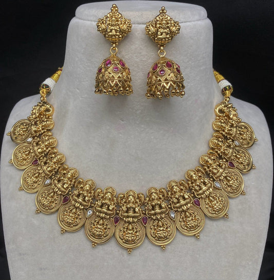 Gold Coloured Beautiful Pure Campo Women Lakshmi Designe 1 Gram Gold Plating Necklace Set with Jhumka Earrings!!