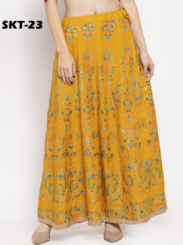 Multi Print Mustard coloured Rayon Skirt Free Size( 28 to 40 Inch)!!