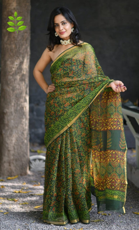 Green & Multi Coloured Kota Doriya Cotton Beautiful Hand Block printed Women Daily/Party wear Saree with Blouse!!