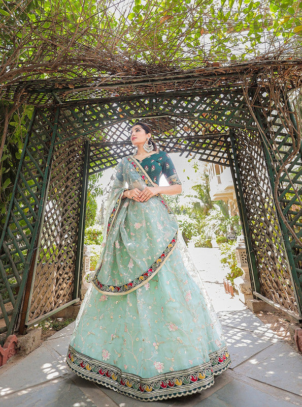 Green & Multi Coloured Organza with Thread Embroidery work with lace border Woman Wedding Designer Party wear  Lehenga Choli with Dupatta!!