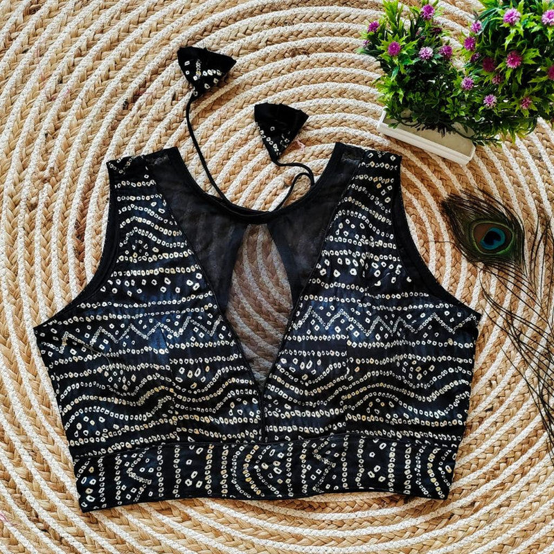 Black Coloured Premium Rayon Cotton with Foil Print & Net Woman Ready made Designer fancy Blouse- Free Size Up to 40 Inch!!