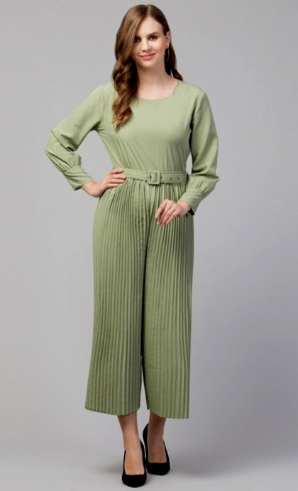 Designer Olive Pleating  American Crepe Embellished Jumpsuit