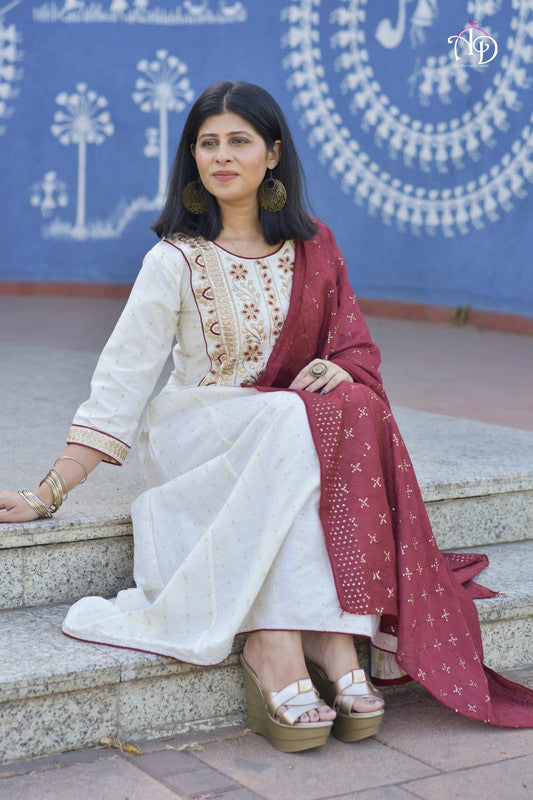 White & Red Coloured Pure Cotton Embroidery with Sequence work Women Designer Party wear Round Flared Kurti with Pant & Dupatta!!