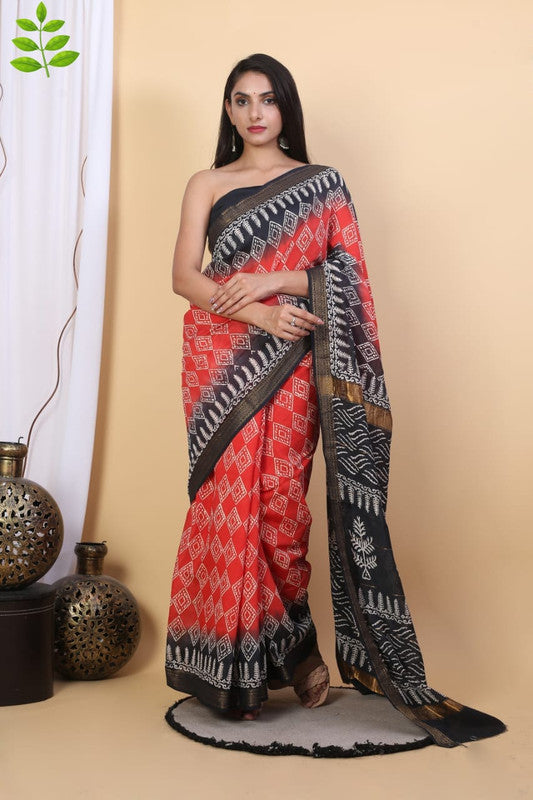 Red & Multi Coloured Hand Block Printed Women Designer Party wear Maheshwari Cotton Silk Saree with Runnin Blouse!!