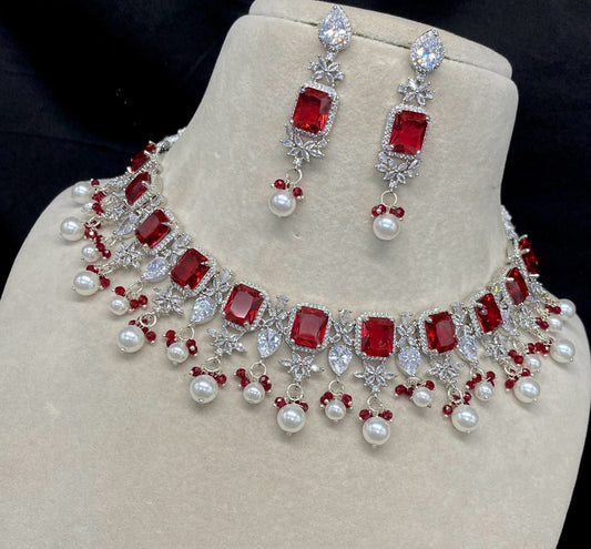 White & Maroon Coloured American Diamonds with Real Kundan Women Silver Plated Designer Necklace with Earrings!!