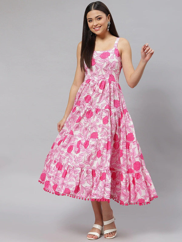 White and pink Pure Cotton Floral Print Midi Dress!!