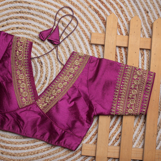 Wine Coloured Pumpkin Silk with Embroidery work & Sequence Woman Designer Wedding Ready made Blouse - 38 Size Fits Up to 40 Inch!!