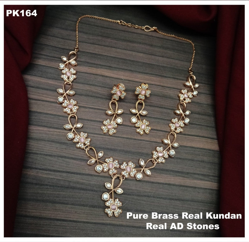 Pure Brass Real Kundan and Premium Quality American Diamond Necklace set with Ear Rings