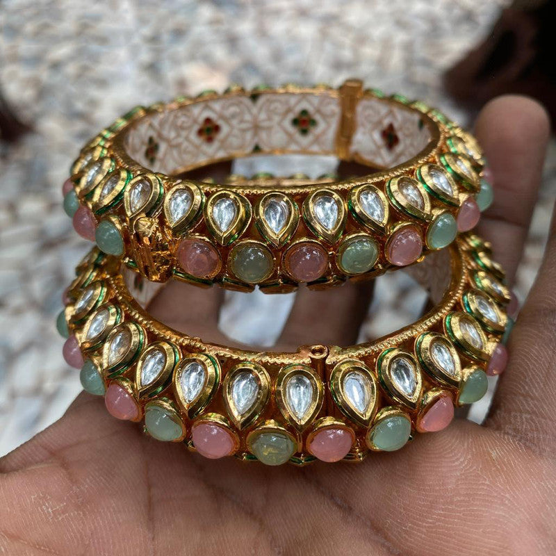 Gold & Multi Coloured Pure Brass Real Kundan Gold Plating Women Designer Set of 2 Openable Kada Bangles!!