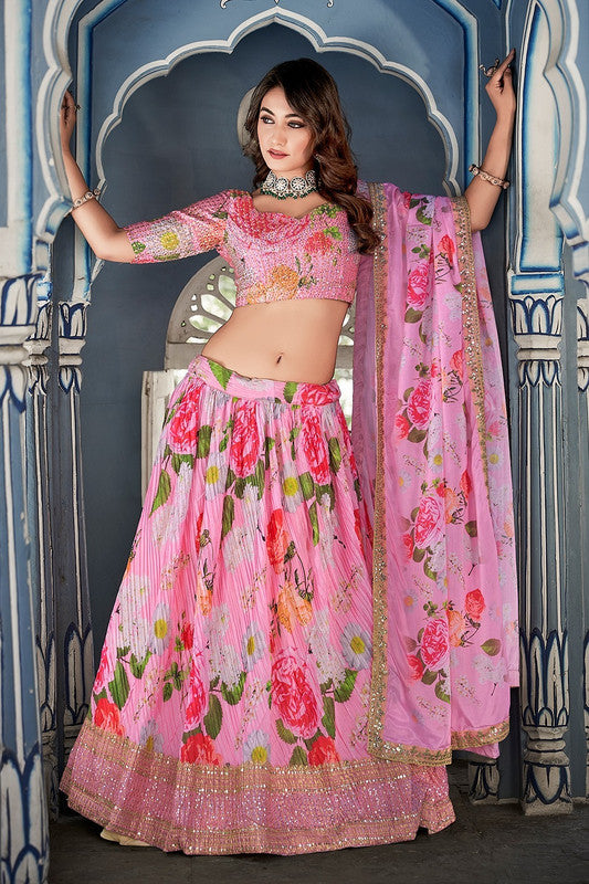 Dark Pink & Multi Coloured Crushed Chinon Digital Printed with Sequence Work Woman Designer Party wear Lehenga Choli with Dupatta!!