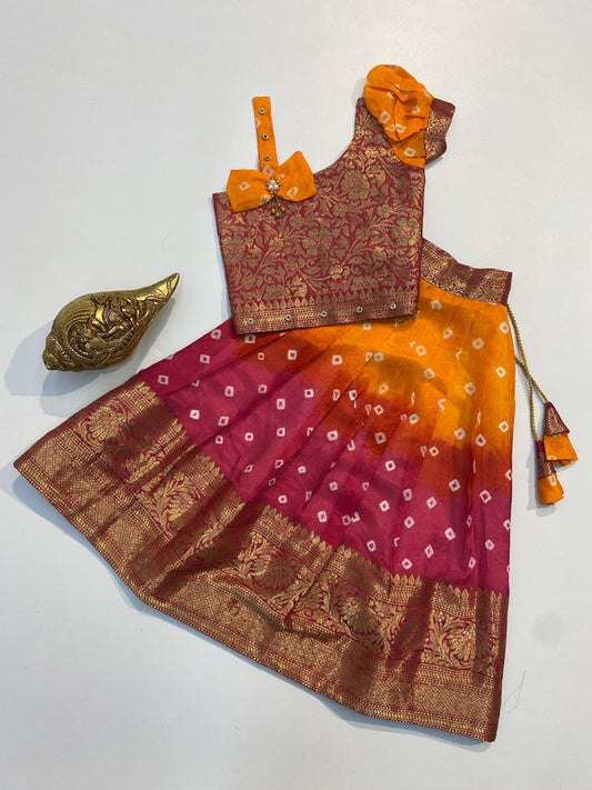 Orange & Multi Coloured Cotton Silk with Bandhani Printed & Zari weaving border Girls Kids Designer Ethnic wear Lehenga with Blouse!!