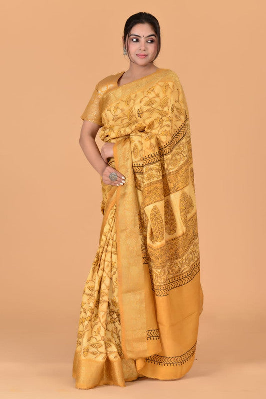 Beige & Gold Coloured Azarakh Hand Block Printed Silk border Women Designer Party wear Cotton Silk Saree with Zari Blouse!!