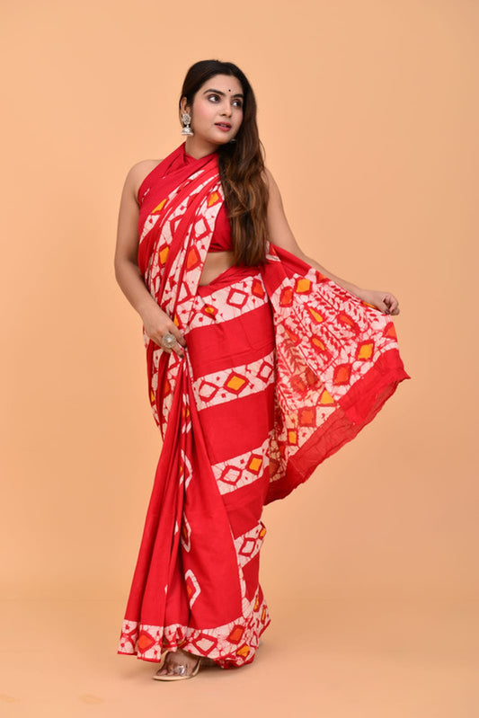 Red & Off White Coloured Pure Cotton with Beautiful Hand Block Printed Women Party/Daily wear Designer Cotton Saree with Blouse!!