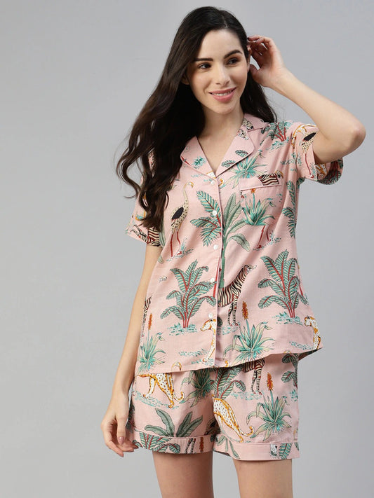 Pink & Green Coloured Pure Cotton Printed Lapel Collar Short Sleeves Woman Ultra-soft Designer Stylish Top & Short Night suit!!