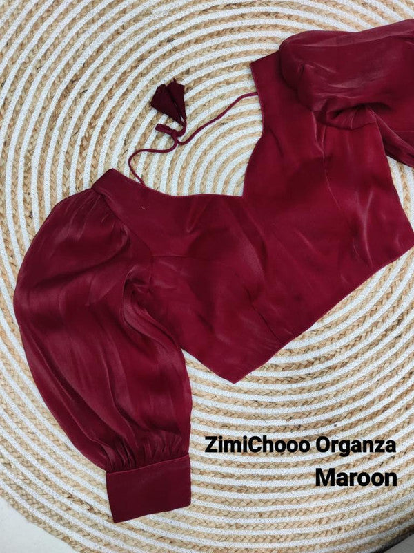 Maroon Coloured Premium Pure Soft ZimiChooo Organza Woman Ready made Designer Croptop cum Blouse- Free Size Up to 40 Inch!!