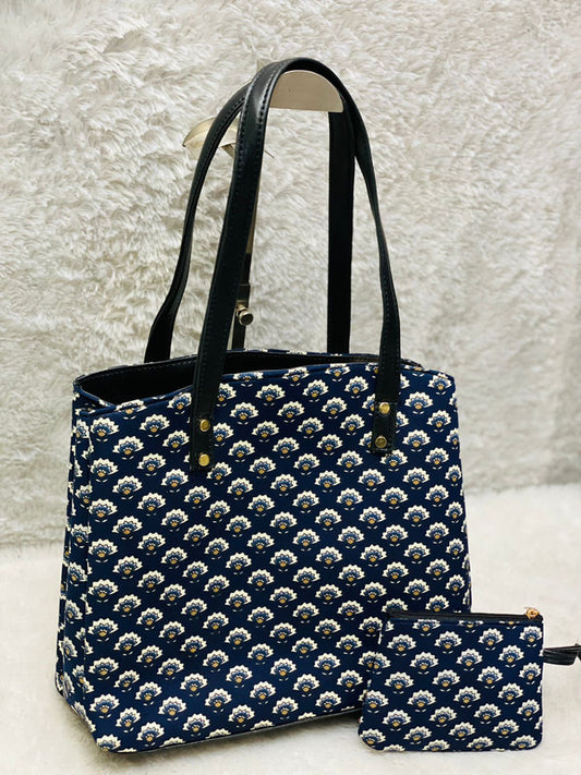 Navy Blue & White Coloured Pure Cotton Hand Block Printed Triple Partition Women Hand Bang with Pouch!!