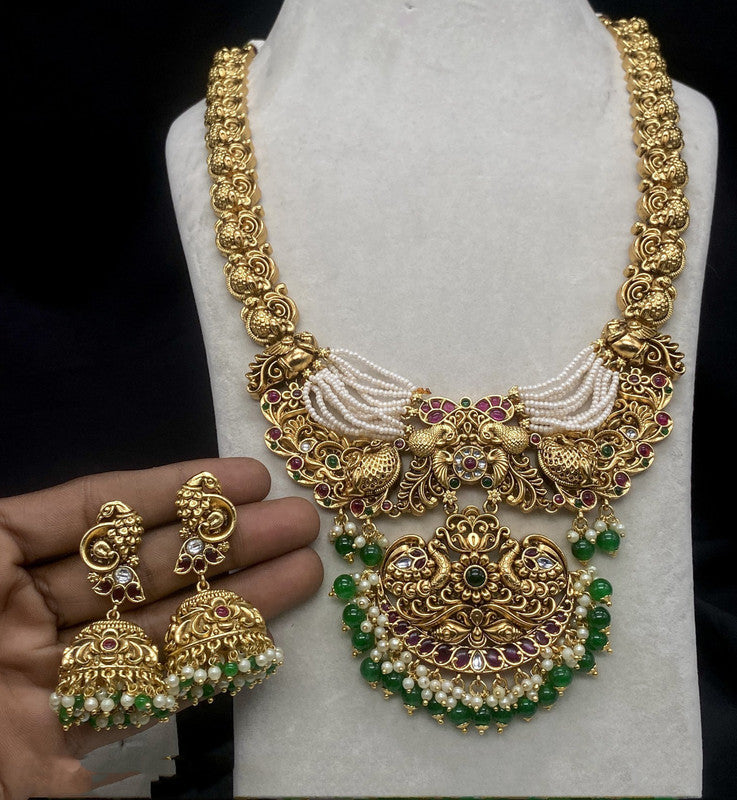 Green & White Coloured Beautiful Premium Brass & Real Campo with Pearls Women Peacock Design Gold Plating Necklace Set with Jhumka Earrings!!