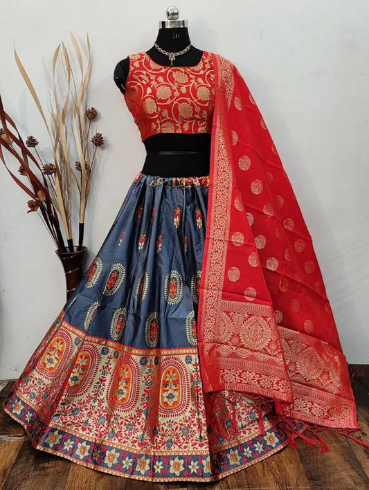 Grey & Red Coloured Designer Banarasi Lehenga Choli with Dupatta!!