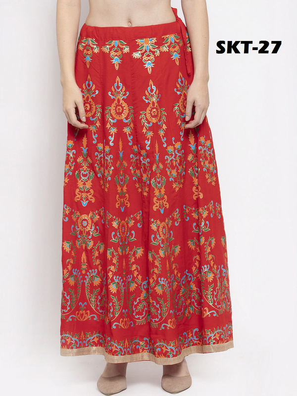 Multi Print Red coloured Rayon Skirt Free Size( 28 to 40 Inch)!!