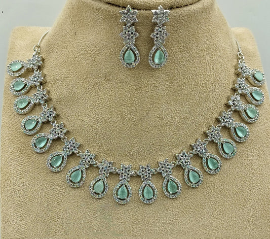 Light Green & White Coloured Premium American Diamonds Real Kundan Women Designer Silver Plating Necklace Set with Earrings!!