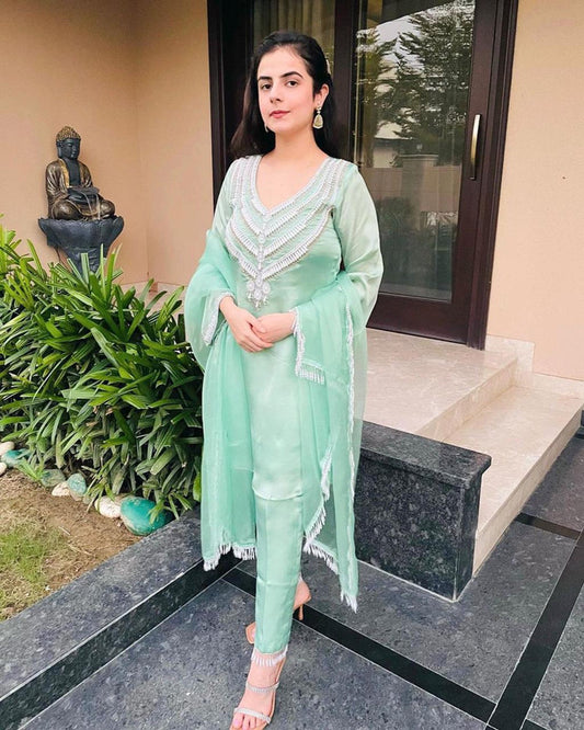 Light Green Coloured Muslin Silk with Heavy Hand work Moti Lace work Women Fully Stitched Designer Party wear Top with Pant & 4 Side Lace Border Dupatta!!