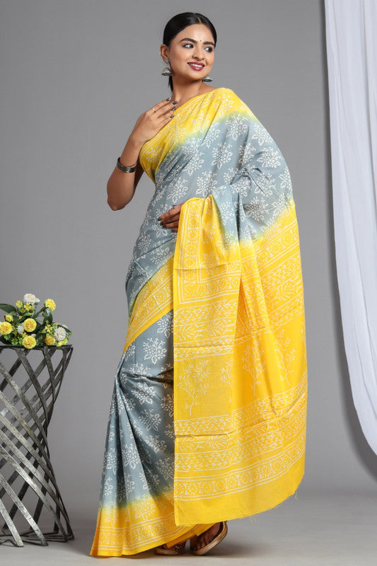 Yellow & Grey Coloured Pure Cotton Beautiful Hand Block printed Women Daily/Party wear Saree with Blouse!!