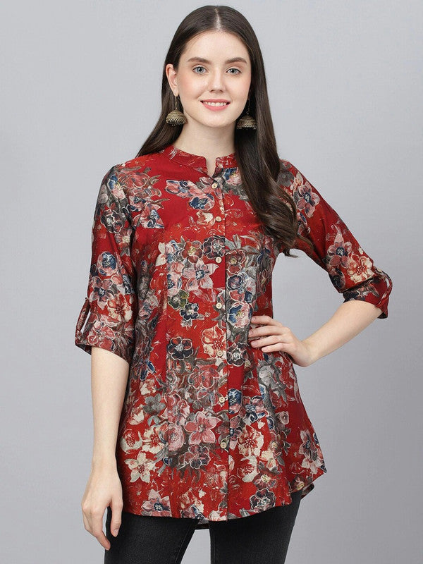 Maroon & Multi Coloured Premium Muslin Floral Printed Mandarin Collar Roll-Up Sleeves Women Party/Daily wear Western Shirt Style Top!!