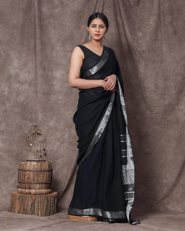 Black Coloured Linen Cotton with Beautiful Jari Border Women Party/Daily wear Designer Linen Cotton Saree with Blouse!!