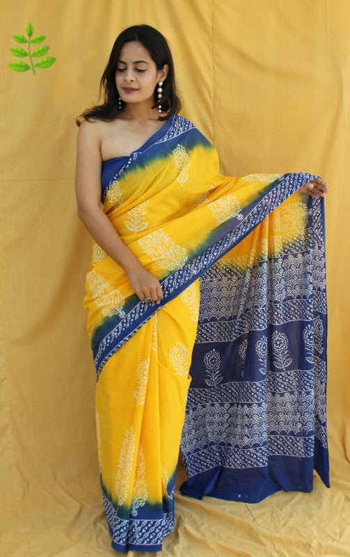 Yellow & Blue Coloured Pure Cotton Beautiful Hand Block printed Women Daily/Party wear Saree with Blouse!!