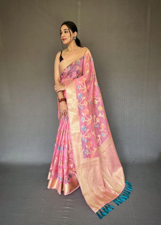 Pink Coloured Pure Organza Tissue Silk with Zari Weaving Meena Work  Women Designer Party wear Silk Saree with Blouse!!