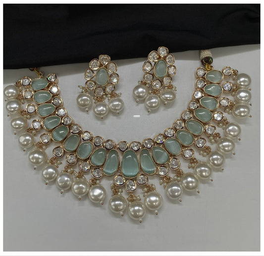 Gold & Pista Green Coloured Pure Brass with Real Kundan & Pearls Women One Gram Gold Designer Necklace with Earrings!!