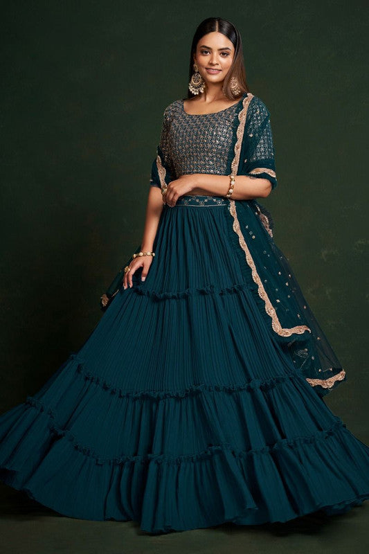 Dark Rama Blue Coloured Faux Georgette Thread & Sequence Embroidery Work Woman Designer Party wear Bridal Lehenga Choli with Dupatta Set!!