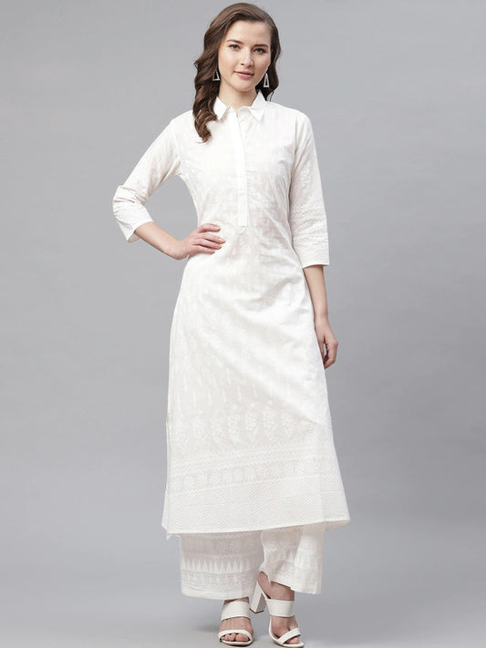 White Coloured Pure Cotton Printed  shirt collar, 3/4 Sleeves Women Designer Party wear Shirt Kurta with Palazzos!!