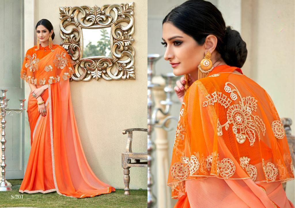 Orange Cadbury Chiffon Designer Saree with Double Blouse( 1. Plain Silk Blouse 2. Poncho Blouse)!!