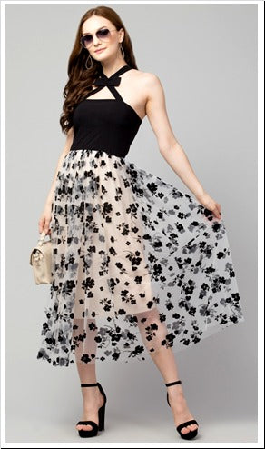 Black Embellished Net A-line Dress With Lining