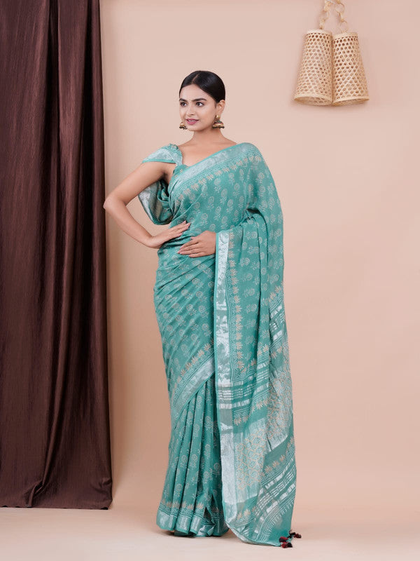 BEAUTIFUL LINEN HAND BLOCK PRINT SAREE