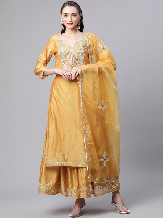 Yellow Coloured Chanderi silk Straight Shape Women Yoke Designer Party/Daily wear Kurti with Sharara & Dupatta!!